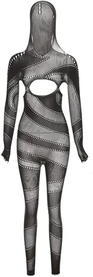 heyheyshine Women's Sexy Y2K Grid Perspective Hollowed Out High Waist Long Sleeve Tight One-piece Trousers for Women