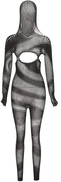 heyheyshine Women's Sexy Y2K Grid Perspective Hollowed Out High Waist Long Sleeve Tight One-piece Trousers for Women