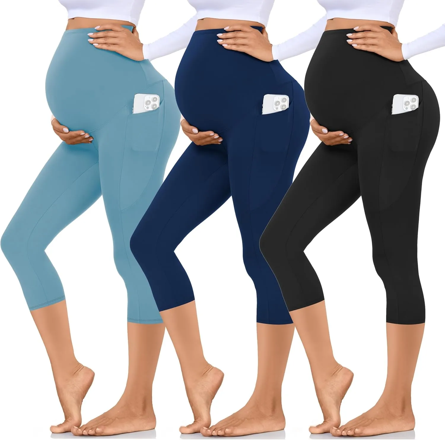 Hi Clasmix 3 Pack Maternity Capri Leggings with Pockets-Buttery Soft Workout Pregnancy Yoga Pants
