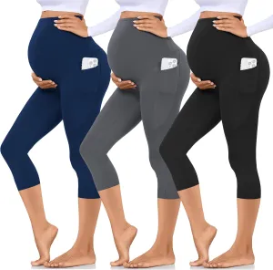 Hi Clasmix 3 Pack Maternity Capri Leggings with Pockets-Buttery Soft Workout Pregnancy Yoga Pants