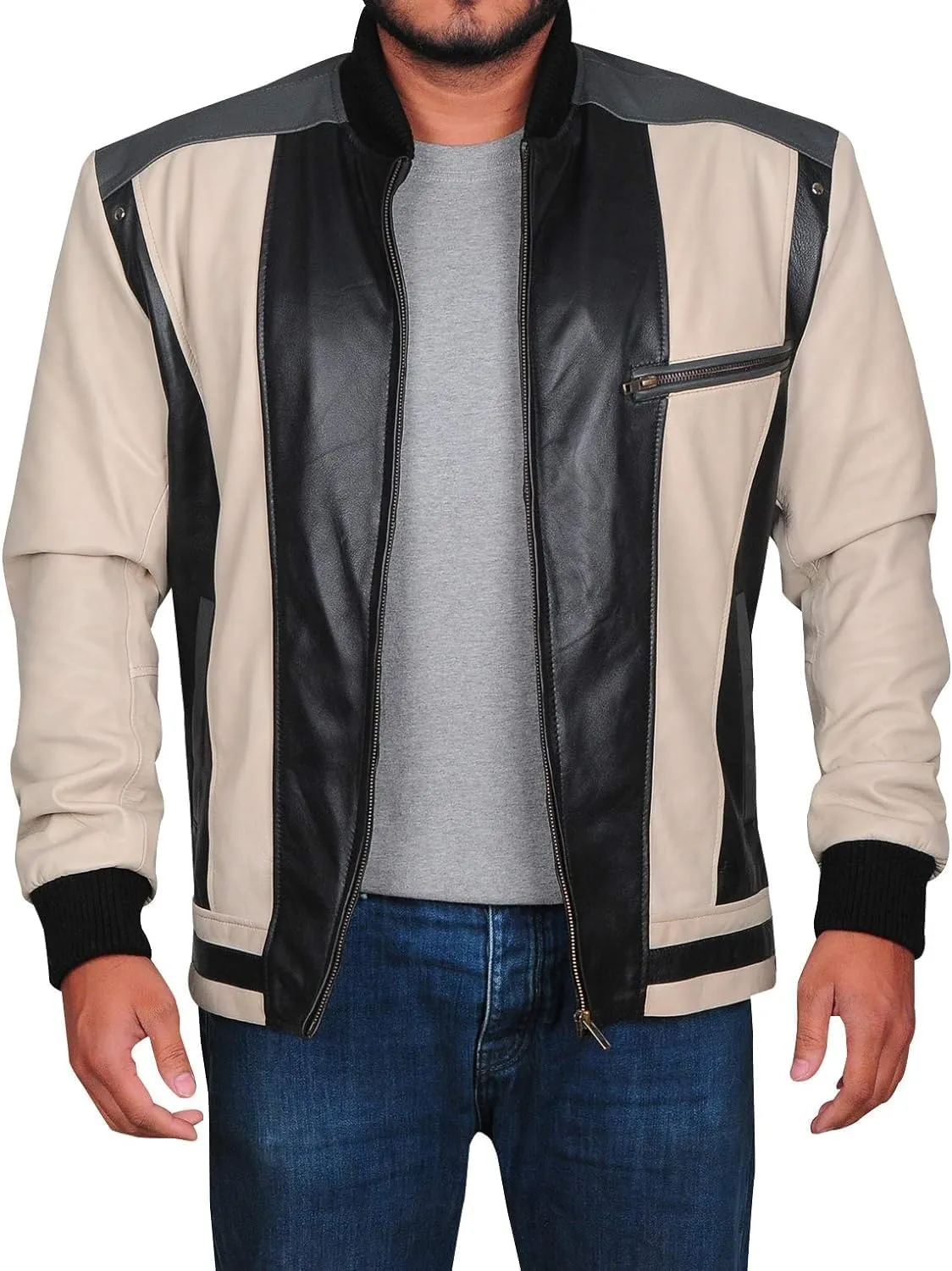 Hide & Seek Mens Varsity Classic School Bomber Black and beige Color Day Off Student Biker Retro 80s Leather Jacket
