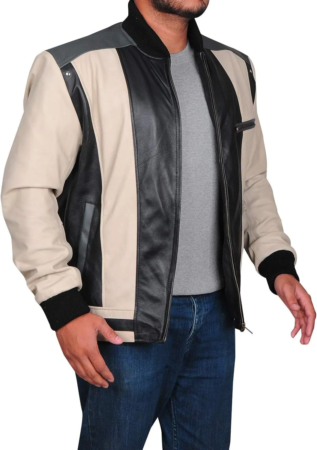 Hide & Seek Mens Varsity Classic School Bomber Black and beige Color Day Off Student Biker Retro 80s Leather Jacket