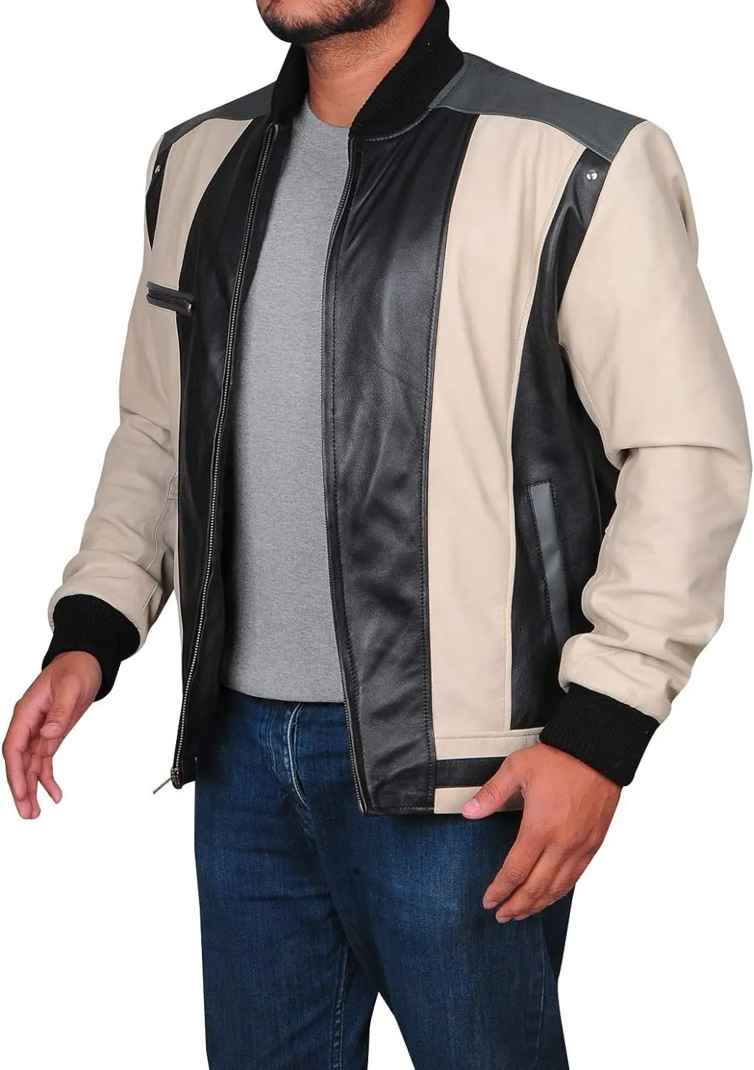 Hide & Seek Mens Varsity Classic School Bomber Black and beige Color Day Off Student Biker Retro 80s Leather Jacket