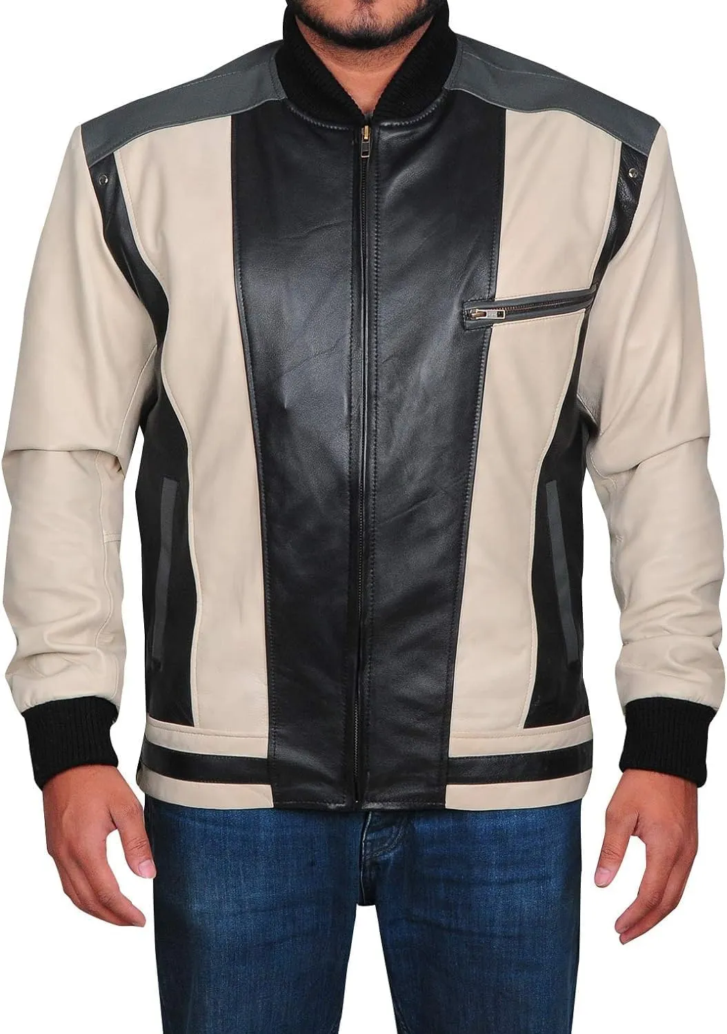 Hide & Seek Mens Varsity Classic School Bomber Black and beige Color Day Off Student Biker Retro 80s Leather Jacket