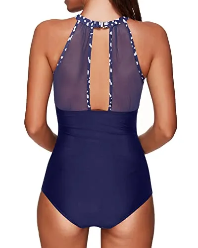 High Neck Mesh Plunge Monokini Bathing Suit Women One Piece Swimsuit-Navy Blue Dots