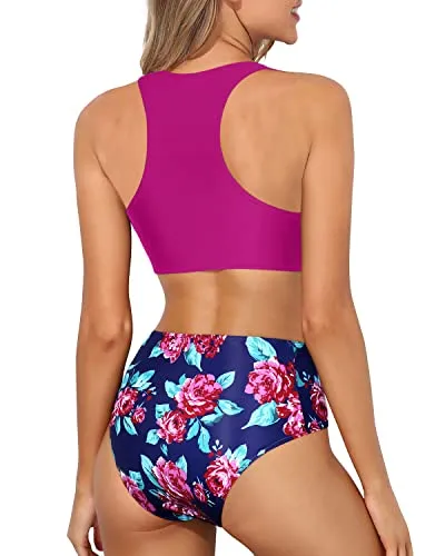 High Waisted Athletic Racerback Two Piece Bikini Set-Pink Floral