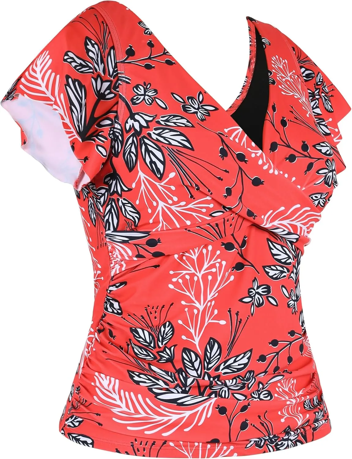 Hilor Women's Underwire Tankini Top Tummy Control Bathing Suits Short Sleeve Tankini Swimsuit Tops Only