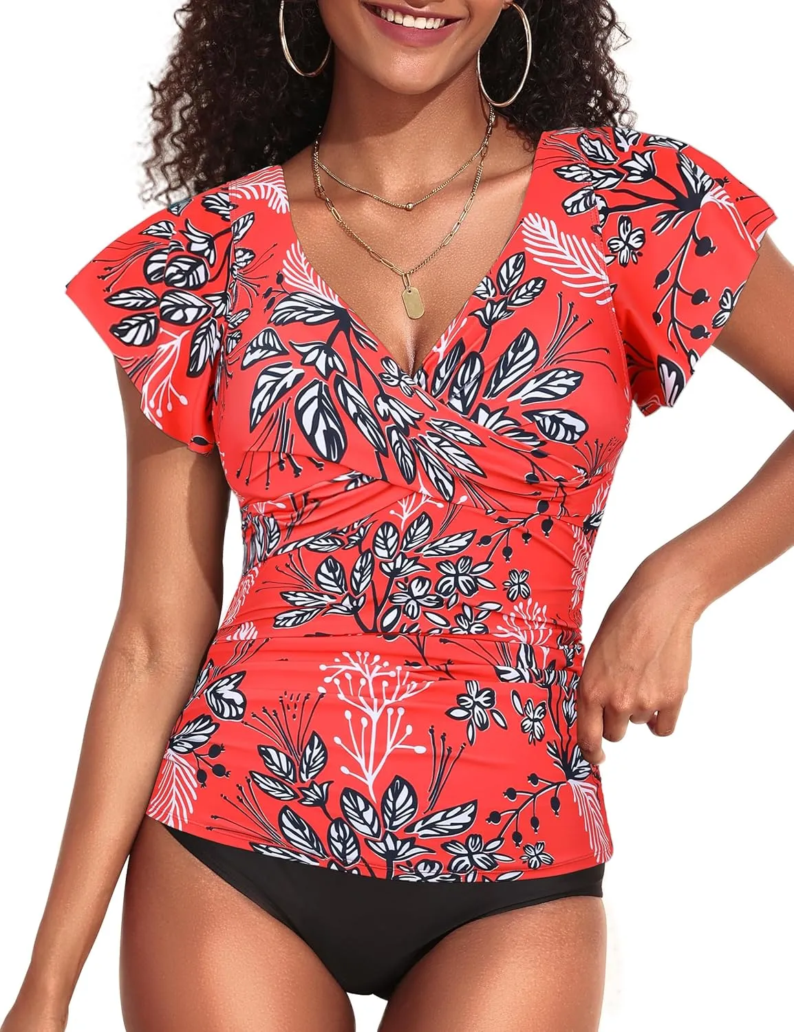 Hilor Women's Underwire Tankini Top Tummy Control Bathing Suits Short Sleeve Tankini Swimsuit Tops Only