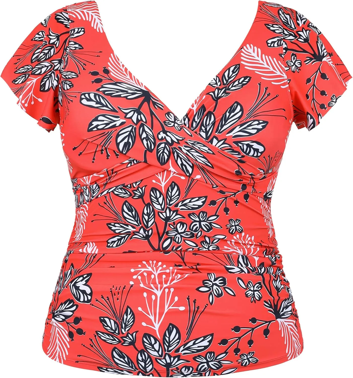Hilor Women's Underwire Tankini Top Tummy Control Bathing Suits Short Sleeve Tankini Swimsuit Tops Only