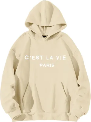 Hoodies for Women Cest La Vie Paris Hooded Sweatshirt Oversized Sweaters Drawstring Long Sleeve Pullover with