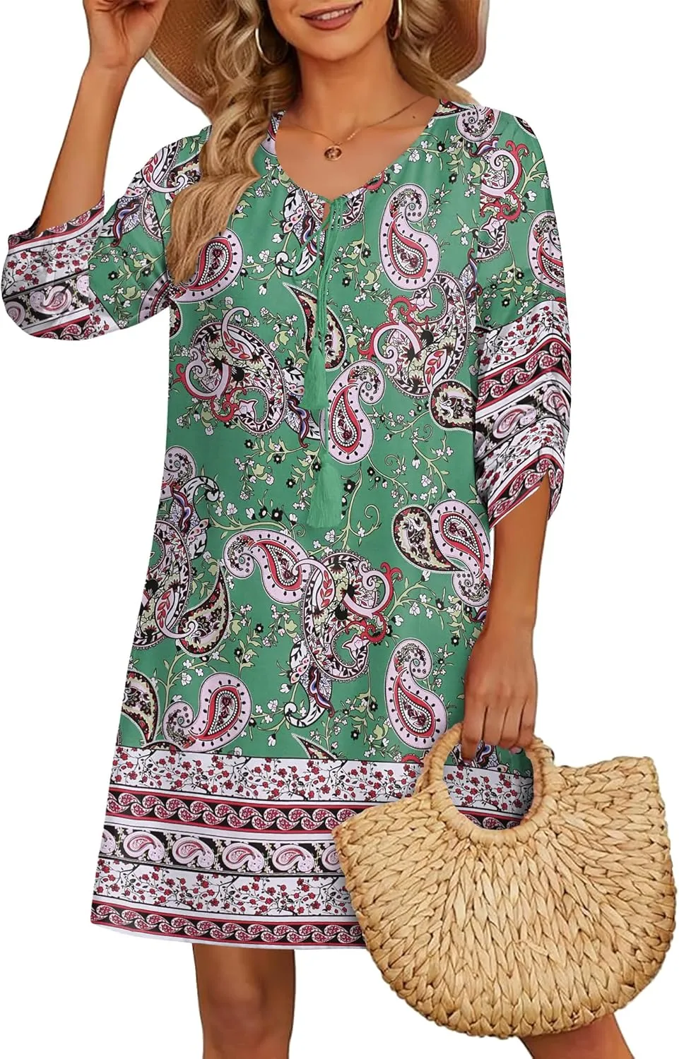 HOTOUCH Women Casual Beach Summer Dress Boho Tassel Tie Neck 3/4 Long Sleeve Short Floral Print Flowy Cover Up Sundresses
