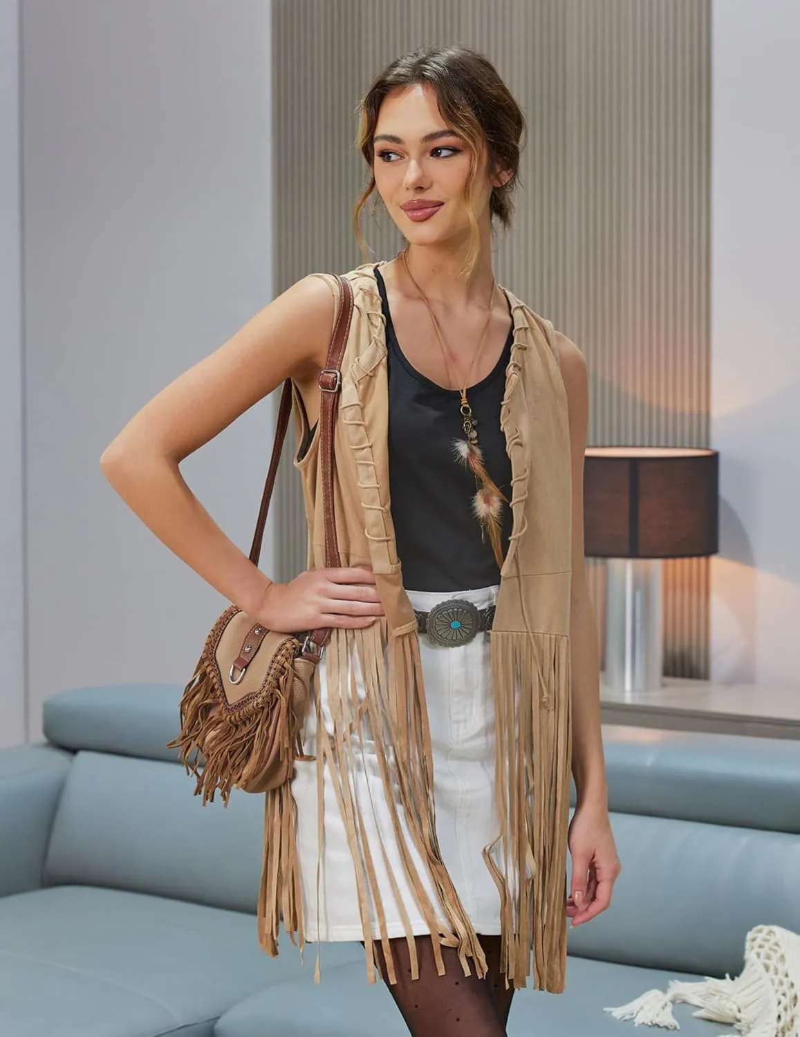 HOTOUCH Women Fringe Vest 70s Hippie Faux Suede Sleeveless Tassels Cardigan Cowgirl Western Tops