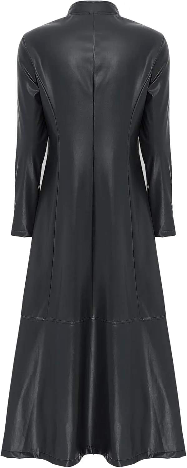 Hularka Women's PU Leather Stand Collar Zipper Full Length Jacket Slim Waist Trench Coat Overcoat