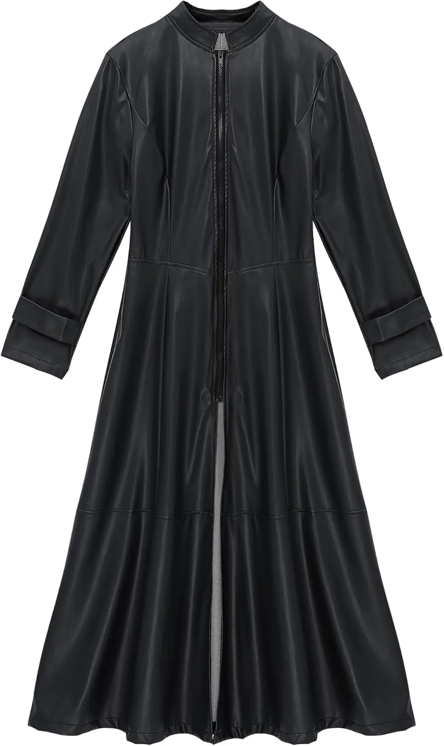 Hularka Women's PU Leather Stand Collar Zipper Full Length Jacket Slim Waist Trench Coat Overcoat