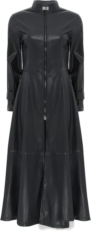 Hularka Women's PU Leather Stand Collar Zipper Full Length Jacket Slim Waist Trench Coat Overcoat
