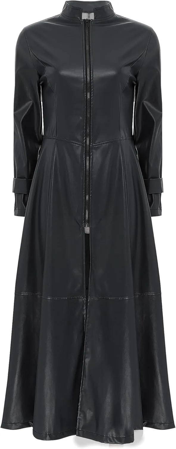 Hularka Women's PU Leather Stand Collar Zipper Full Length Jacket Slim Waist Trench Coat Overcoat