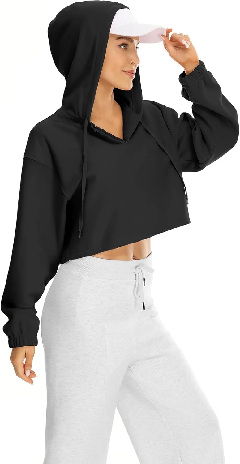 icyzone Women's Oversized Fleece Lined Hooded Sweatshirt Cropped Soft Pullover with Drawstring