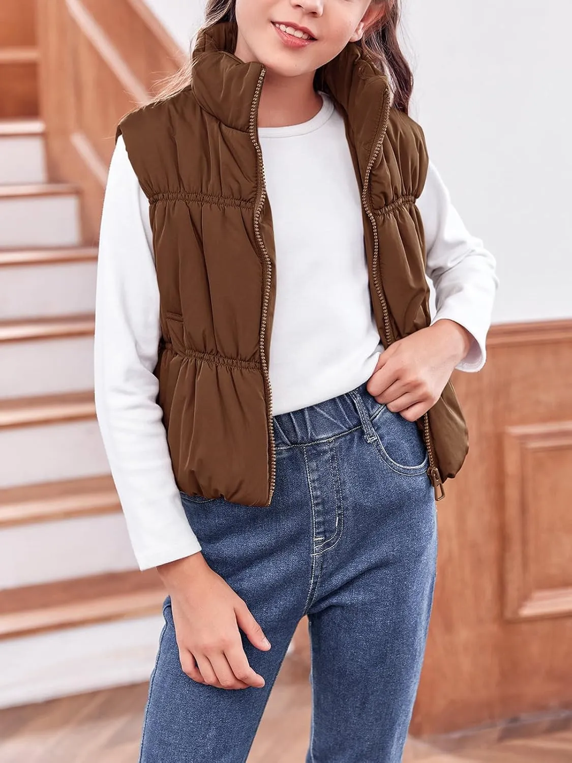 Imily Bela Girls Puffer Vest Stand Collar Sleeveless Warm Jacket Cute Outerwear With Pockets 7-14 Years