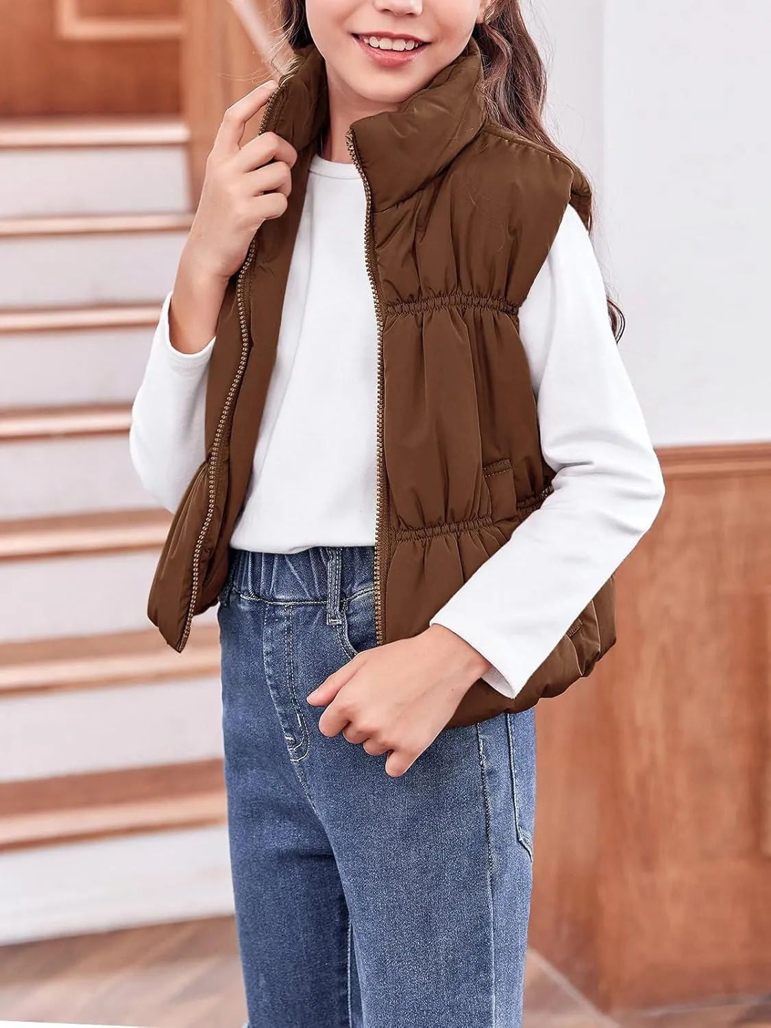 Imily Bela Girls Puffer Vest Stand Collar Sleeveless Warm Jacket Cute Outerwear With Pockets 7-14 Years