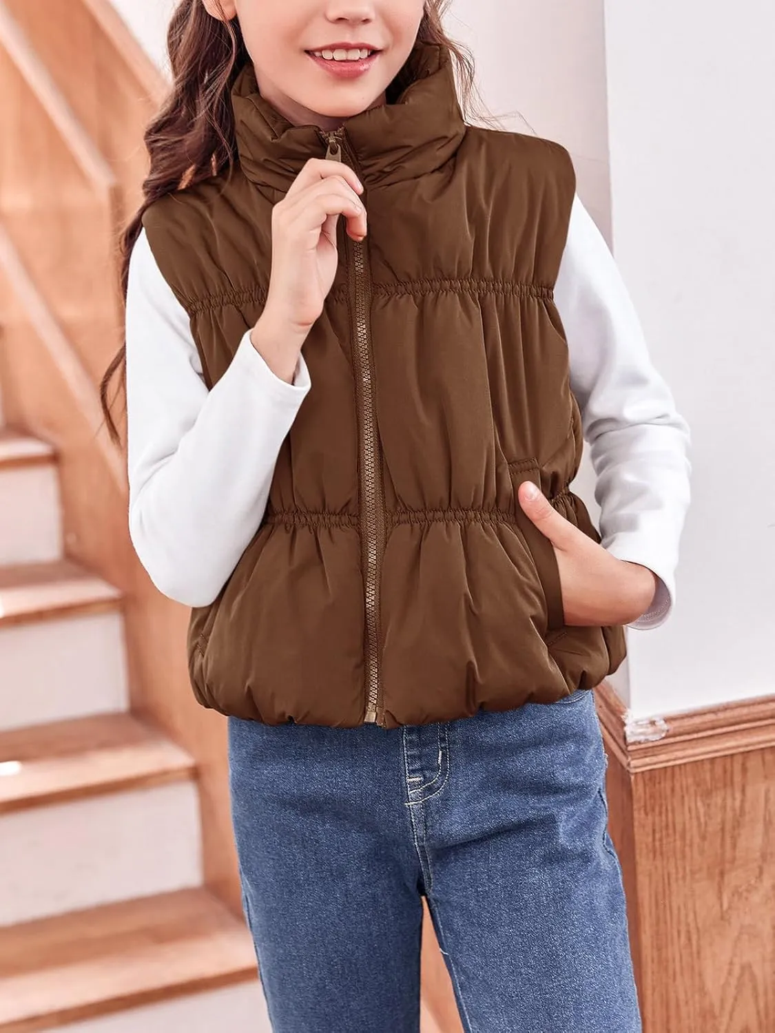 Imily Bela Girls Puffer Vest Stand Collar Sleeveless Warm Jacket Cute Outerwear With Pockets 7-14 Years