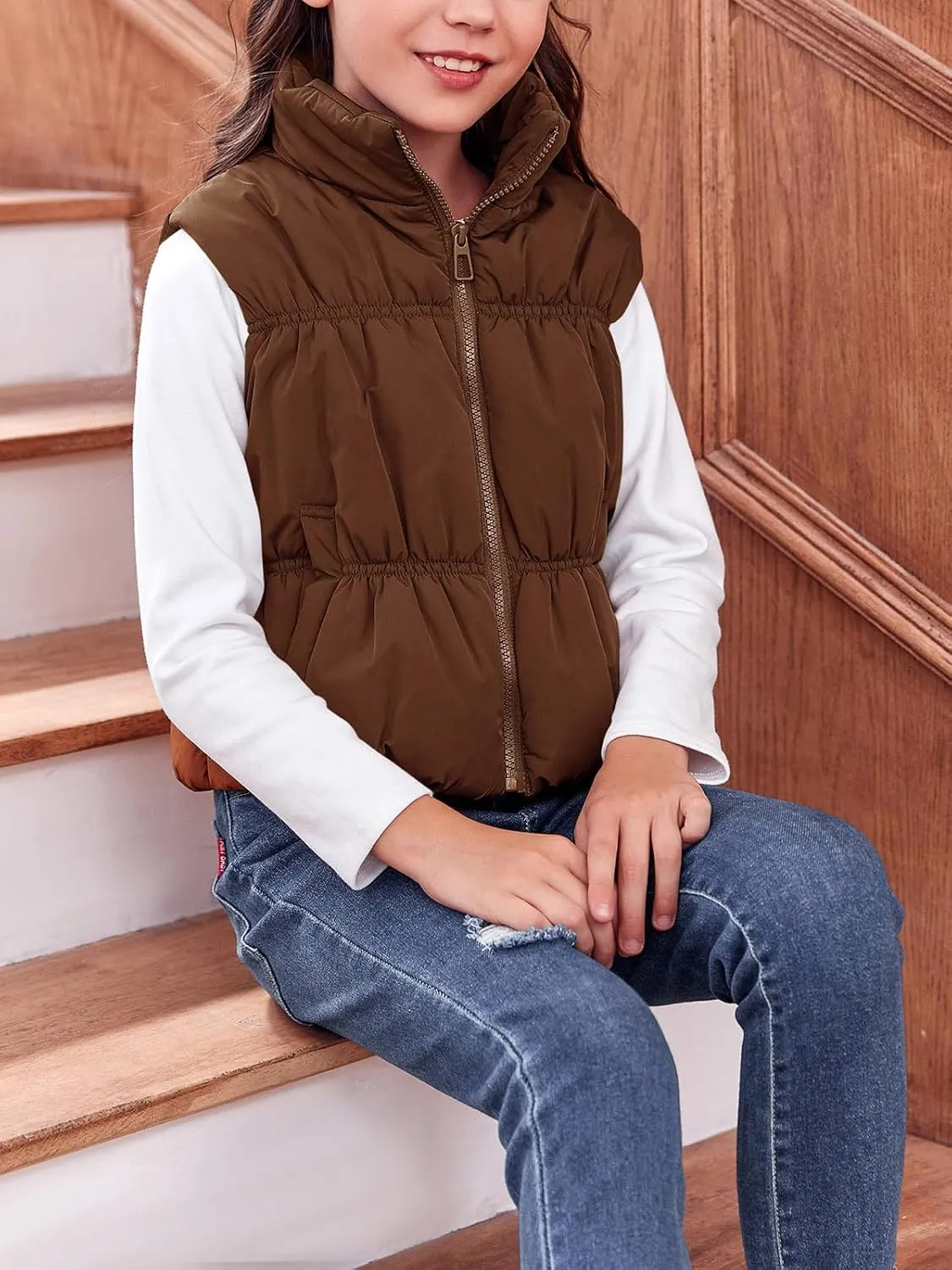 Imily Bela Girls Puffer Vest Stand Collar Sleeveless Warm Jacket Cute Outerwear With Pockets 7-14 Years