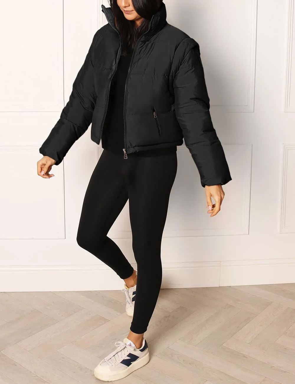 Imily Bela Women's Winter Puffer Down Jacket Stand Collar Cropped Vest with Detachable Sleeves