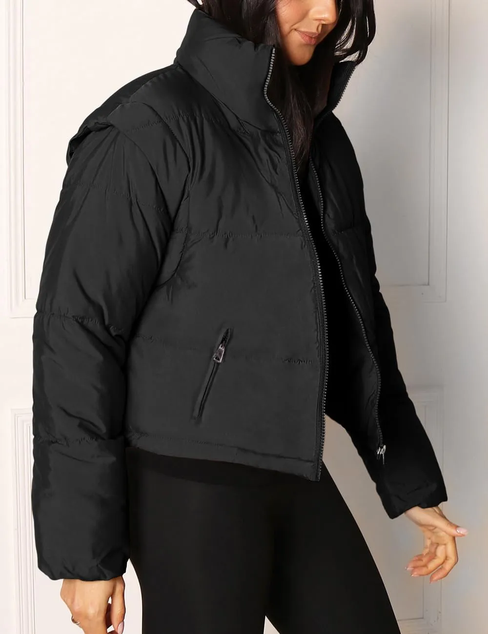 Imily Bela Women's Winter Puffer Down Jacket Stand Collar Cropped Vest with Detachable Sleeves