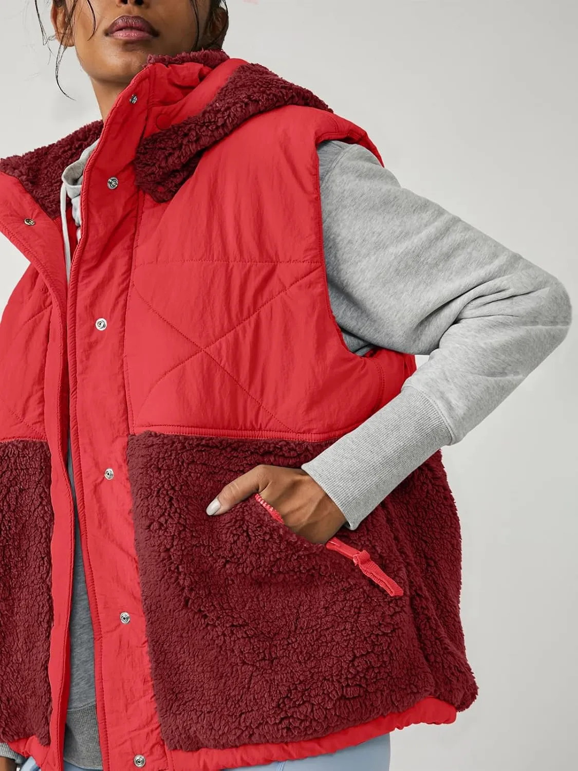 Imily Bela Womens Winter Sherpa Fleece Vest Stand Collar Button Down Sleeveless Jacket Casual Hooded Coat Outerwear