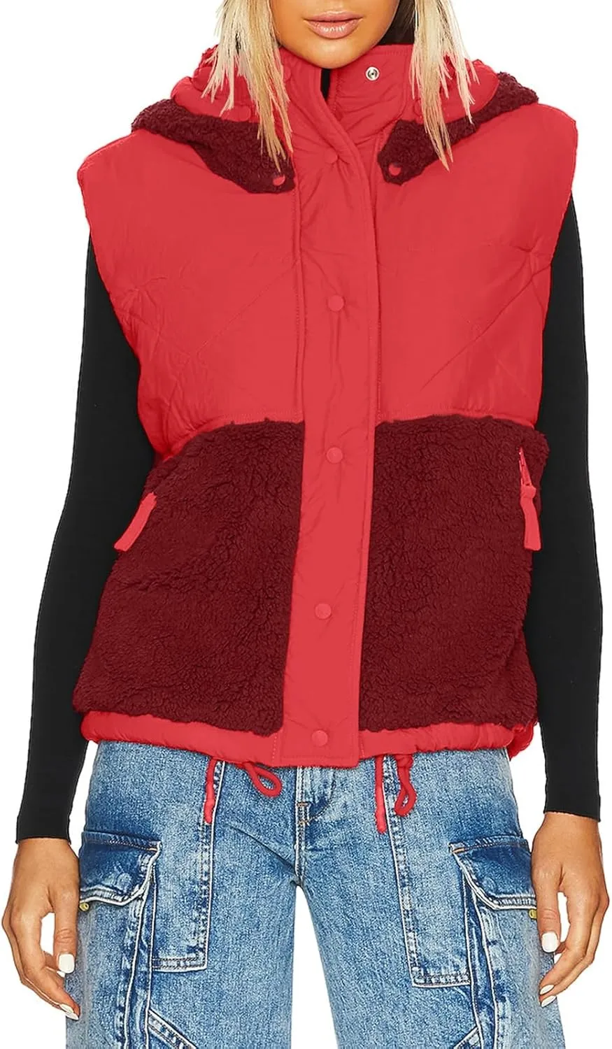Imily Bela Womens Winter Sherpa Fleece Vest Stand Collar Button Down Sleeveless Jacket Casual Hooded Coat Outerwear