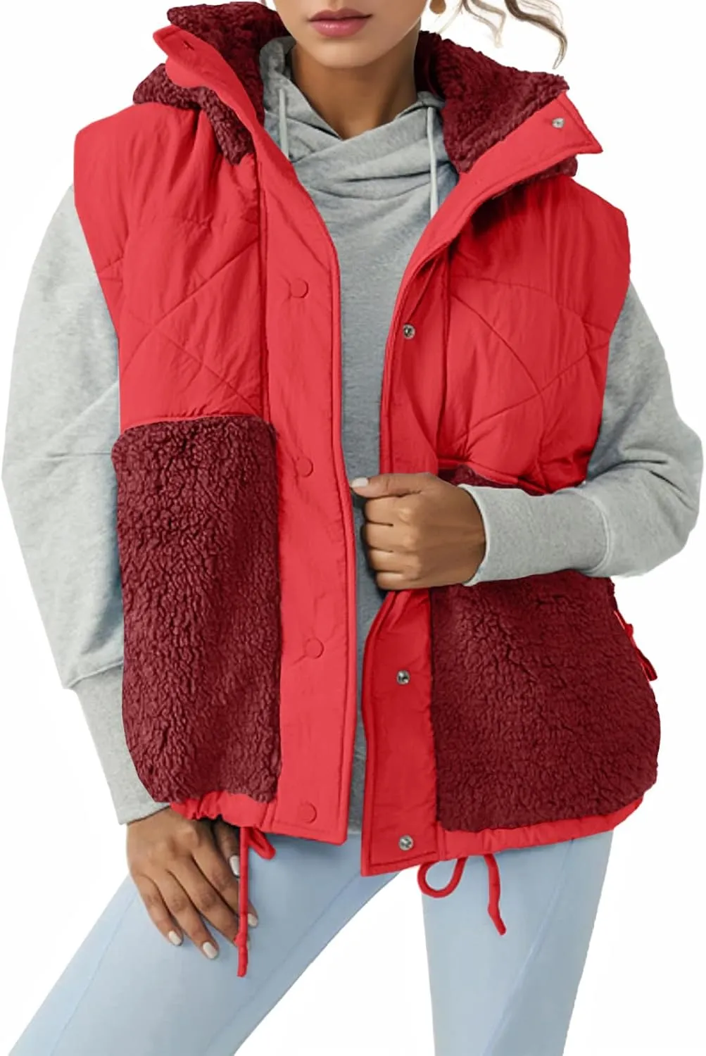 Imily Bela Womens Winter Sherpa Fleece Vest Stand Collar Button Down Sleeveless Jacket Casual Hooded Coat Outerwear