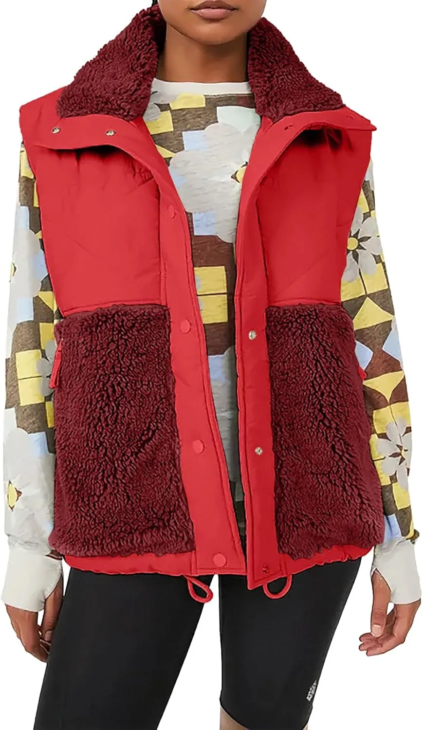 Imily Bela Womens Winter Sherpa Fleece Vest Stand Collar Button Down Sleeveless Jacket Casual Hooded Coat Outerwear