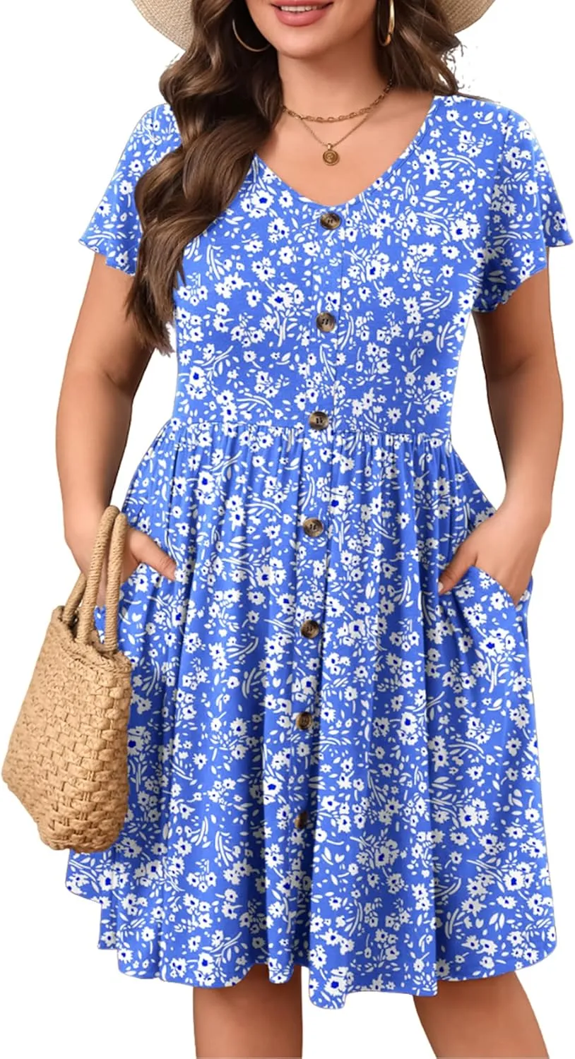 IN'VOLAND Plus Size Summer Dresses for Women Casual Floral A-line Dress Flowy Beach Sundress with Pockets