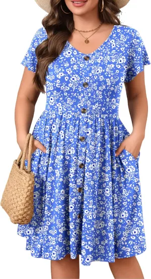 IN'VOLAND Plus Size Summer Dresses for Women Casual Floral A-line Dress Flowy Beach Sundress with Pockets