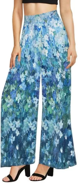 Irisjudy Women Casual High Waisted Palazzo Pants Van Gogh Art, Boho Peacock Comfy Wide Leg Pants Soft Pjs for Women Oversized