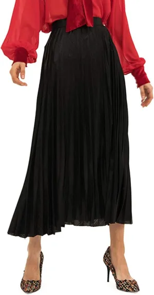 Itemnew Women's Stylish Metallic Color Shiny High Waist Pleated Swing Long Skirt