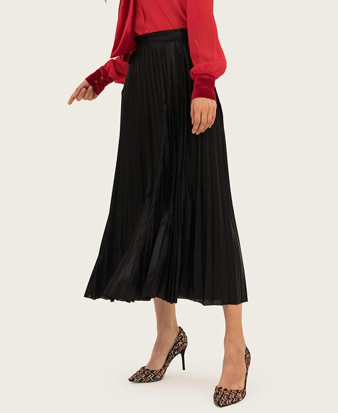 Itemnew Women's Stylish Metallic Color Shiny High Waist Pleated Swing Long Skirt
