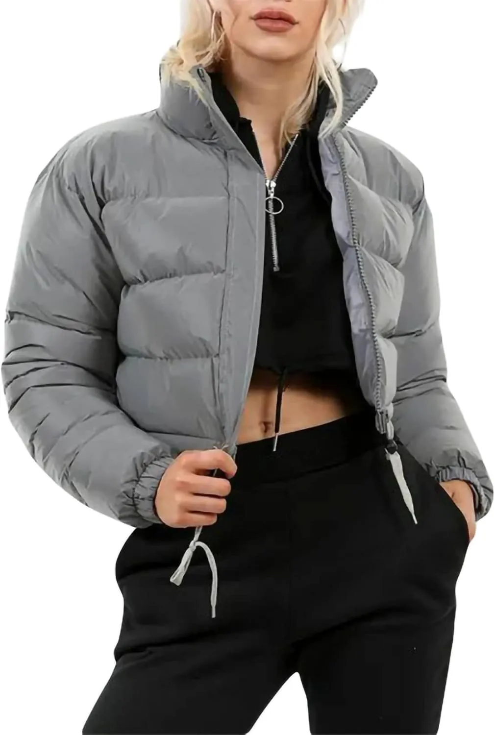 iTranyee Women's Winter Cropped Puffer Jacket Long Sleeve Zipper Cotton-Padded Coat Casual Warm High Neck Quilted Outwear