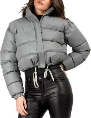 iTranyee Women's Winter Cropped Puffer Jacket Long Sleeve Zipper Cotton-Padded Coat Casual Warm High Neck Quilted Outwear