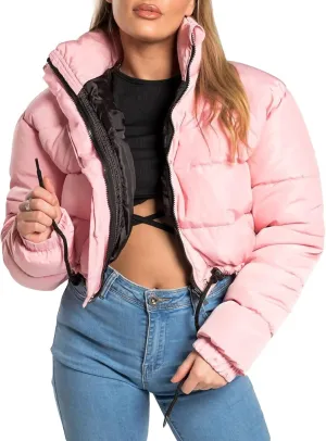 iTranyee Women's Winter Cropped Puffer Jacket Long Sleeve Zipper Cotton-Padded Coat Casual Warm High Neck Quilted Outwear