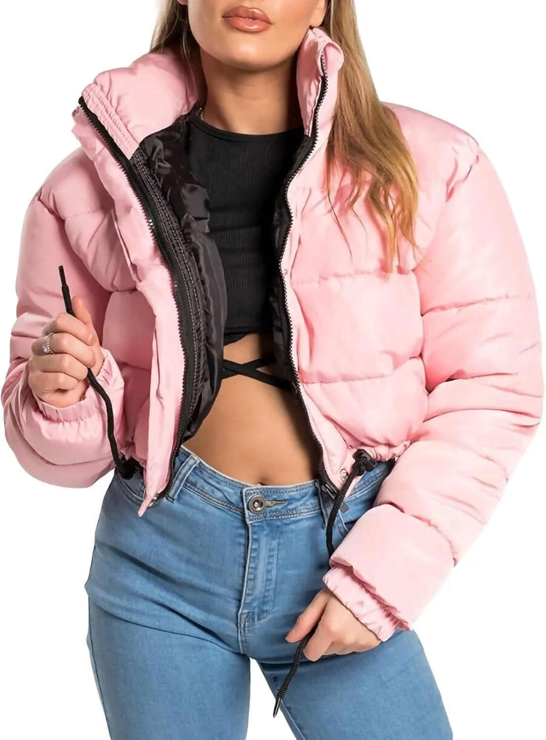 iTranyee Women's Winter Cropped Puffer Jacket Long Sleeve Zipper Cotton-Padded Coat Casual Warm High Neck Quilted Outwear