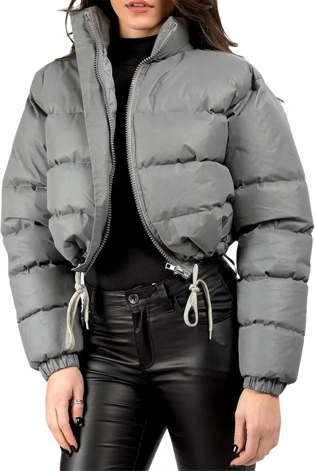 iTranyee Women's Winter Cropped Puffer Jacket Long Sleeve Zipper Cotton-Padded Coat Casual Warm High Neck Quilted Outwear