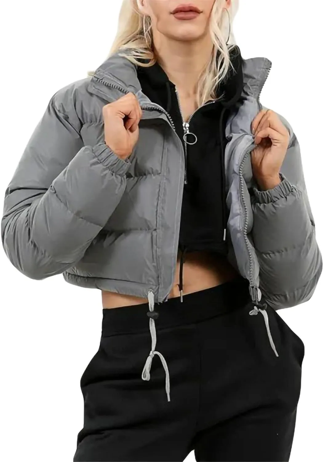 iTranyee Women's Winter Cropped Puffer Jacket Long Sleeve Zipper Cotton-Padded Coat Casual Warm High Neck Quilted Outwear