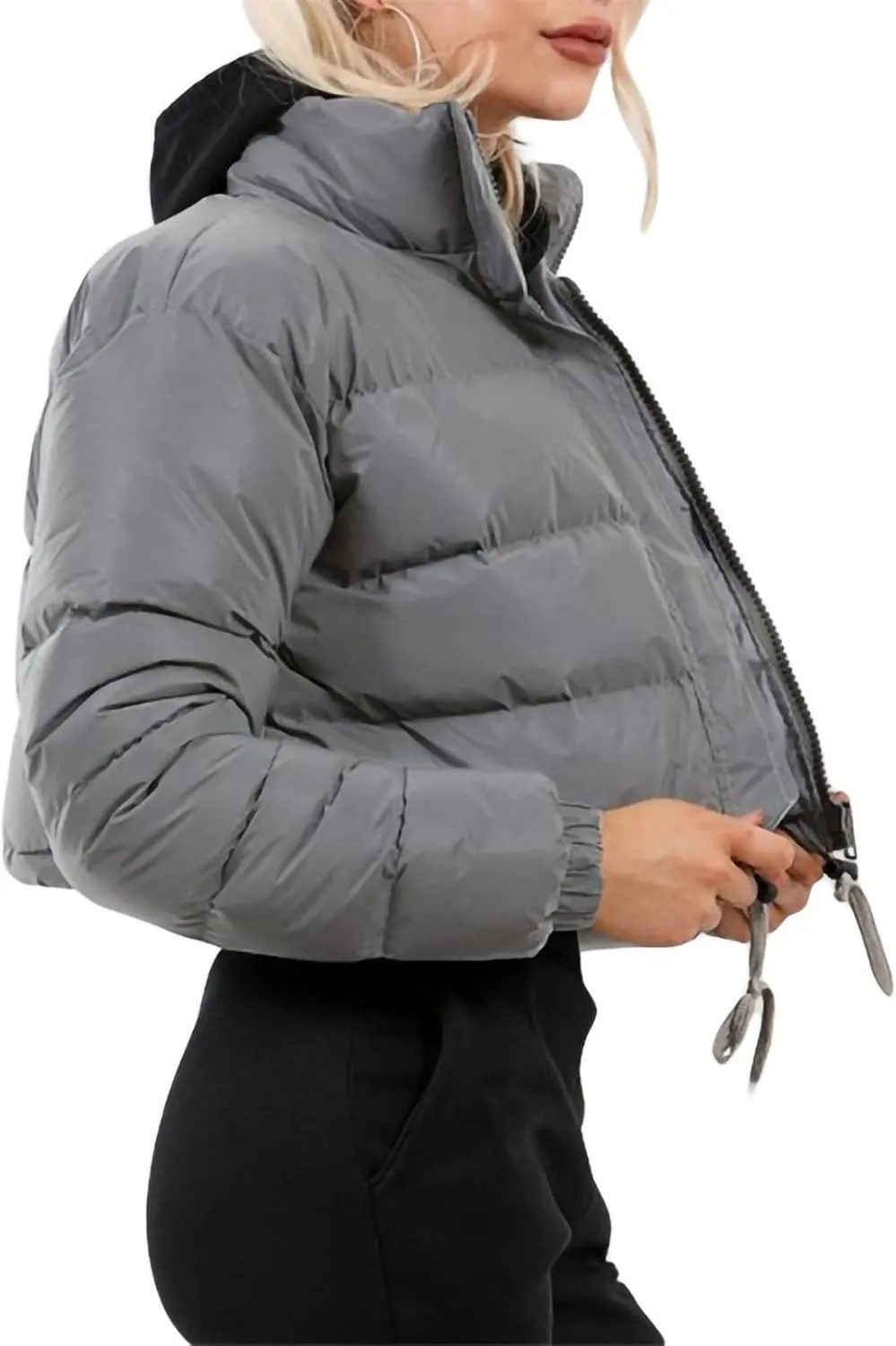 iTranyee Women's Winter Cropped Puffer Jacket Long Sleeve Zipper Cotton-Padded Coat Casual Warm High Neck Quilted Outwear