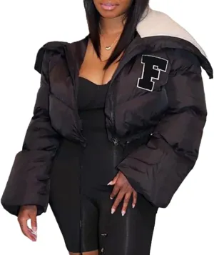 Janepam Women Sherpa Polar Fleece Shawl Collar Cropped Letter Puffer Bomber Varsity Jacket Zipper Cotton Padded Streetwear