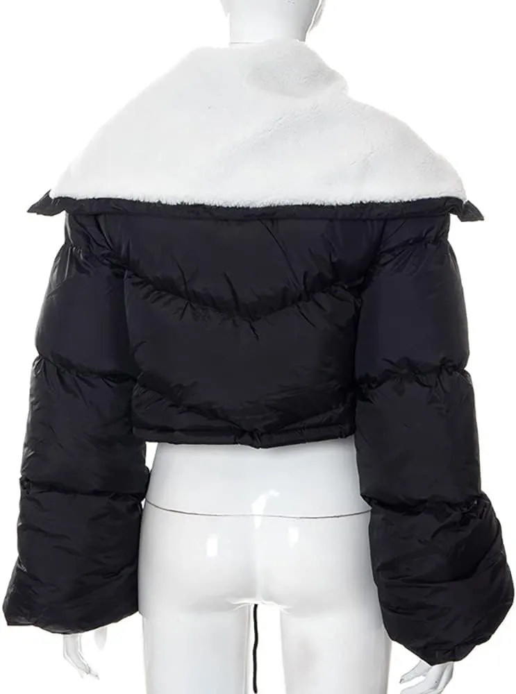 Janepam Women Sherpa Polar Fleece Shawl Collar Cropped Letter Puffer Bomber Varsity Jacket Zipper Cotton Padded Streetwear
