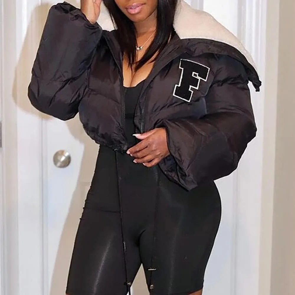 Janepam Women Sherpa Polar Fleece Shawl Collar Cropped Letter Puffer Bomber Varsity Jacket Zipper Cotton Padded Streetwear
