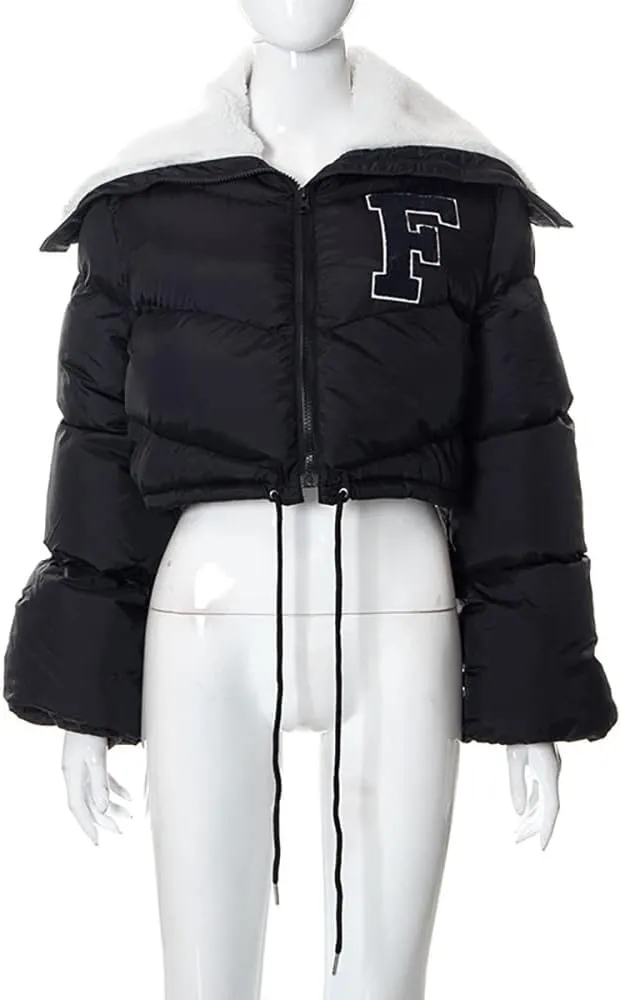 Janepam Women Sherpa Polar Fleece Shawl Collar Cropped Letter Puffer Bomber Varsity Jacket Zipper Cotton Padded Streetwear