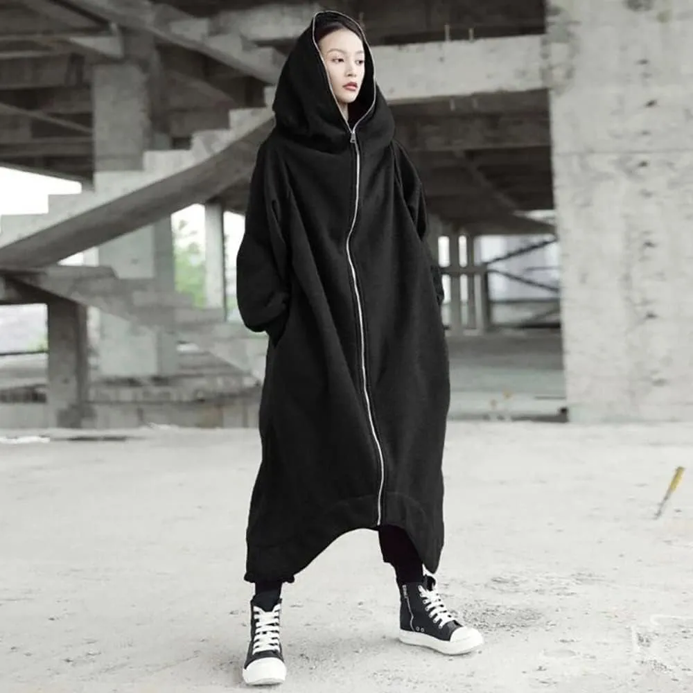 Janepam Women Windbreaker Long Hoodie Oversized Jacket Pocket Solid Color Zip-up Baggy Maxi-Length Outerwear Streetwear