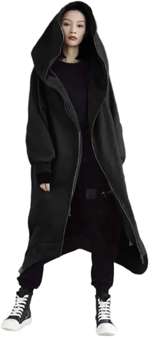 Janepam Women Windbreaker Long Hoodie Oversized Jacket Pocket Solid Color Zip-up Baggy Maxi-Length Outerwear Streetwear