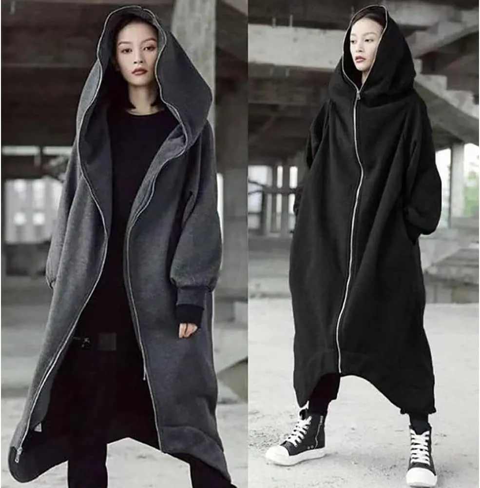 Janepam Women Windbreaker Long Hoodie Oversized Jacket Pocket Solid Color Zip-up Baggy Maxi-Length Outerwear Streetwear